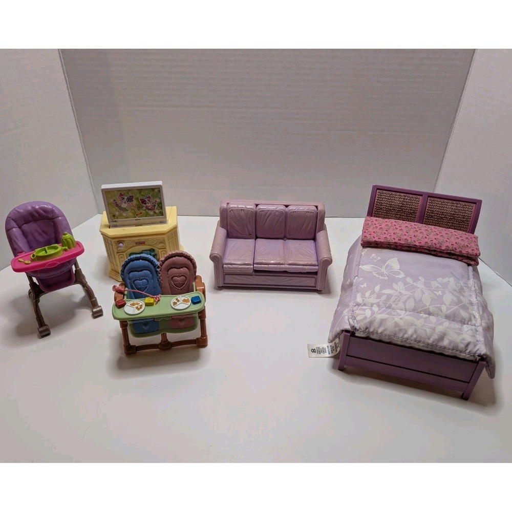 Fisher Price Loving Family Dollhouse Furniture Set 2 Highchairs Sofa Bed TV‎
